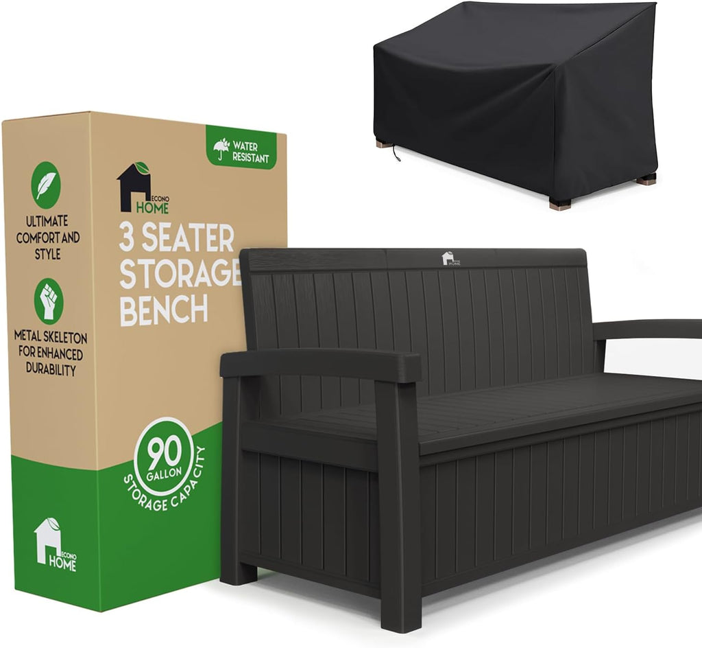 EconoHome 3 Seat Outdoor Storage Bench with Rain Cover - 90 Gallon Capacity - Weatherproof Resin Bench for Patio, Porch, Garden, Yard, Pool Area - Furniture for Pool Accessories, Gardening Tools