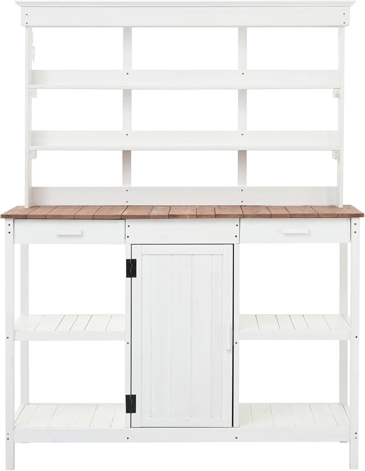 66” Large Outdoor Potting Table with 2 Drawers, Cabinet, Open Shelves, Wooden Potting Bench for Garden, Patio, Farmhouse, Backyard, Spacious Workstation (White, 66")