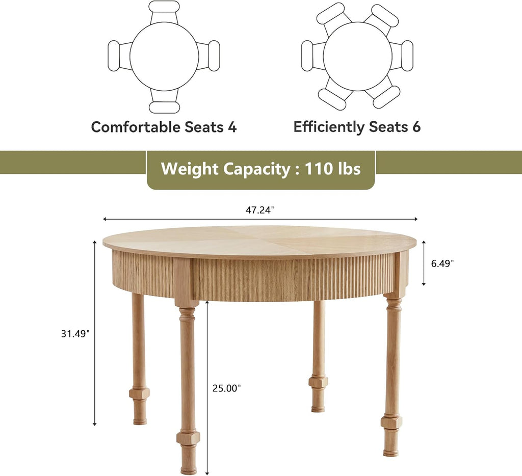 Fluted Round Dining Table for 4-6 People,47 Inches Dining Room Table with 2 Drawers,Modern Farmhouse Dinner Tables Circle Kitchen Tables with Wood Legs Base for Dining Room Kitchen Living Room,Natural