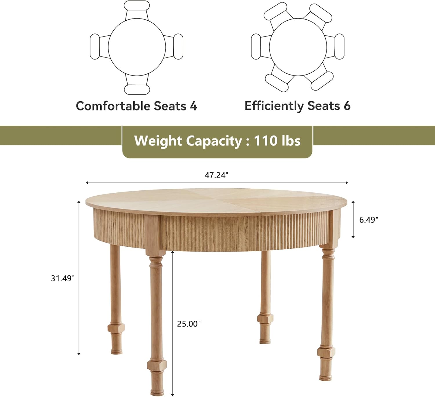 Fluted Round Dining Table for 4-6 People,47 Inches Dining Room Table with 2 Drawers,Modern Farmhouse Dinner Tables Circle Kitchen Tables with Wood Legs Base for Dining Room Kitchen Living Room,Natural