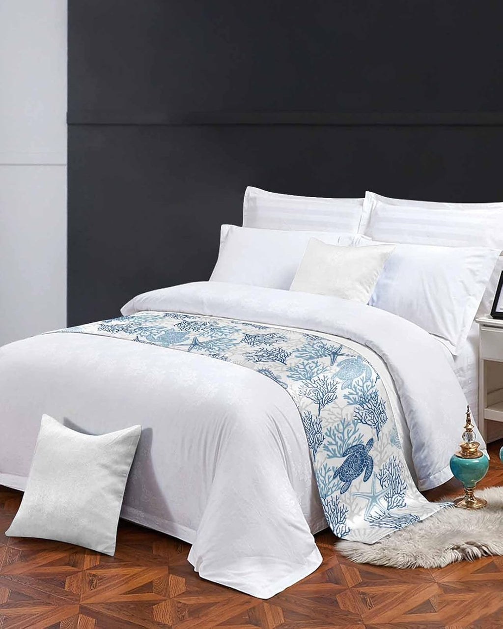 Navy Blue Grey Coastal Bed Runner for Full/Queen Bed, Bedspread Protector Slipcover Bed Scarf for Foot Bed Runners & Scarves for Bedroom Hotel Wedding Room 83x20 Sea Turtle Nautical Coral Summer Beach