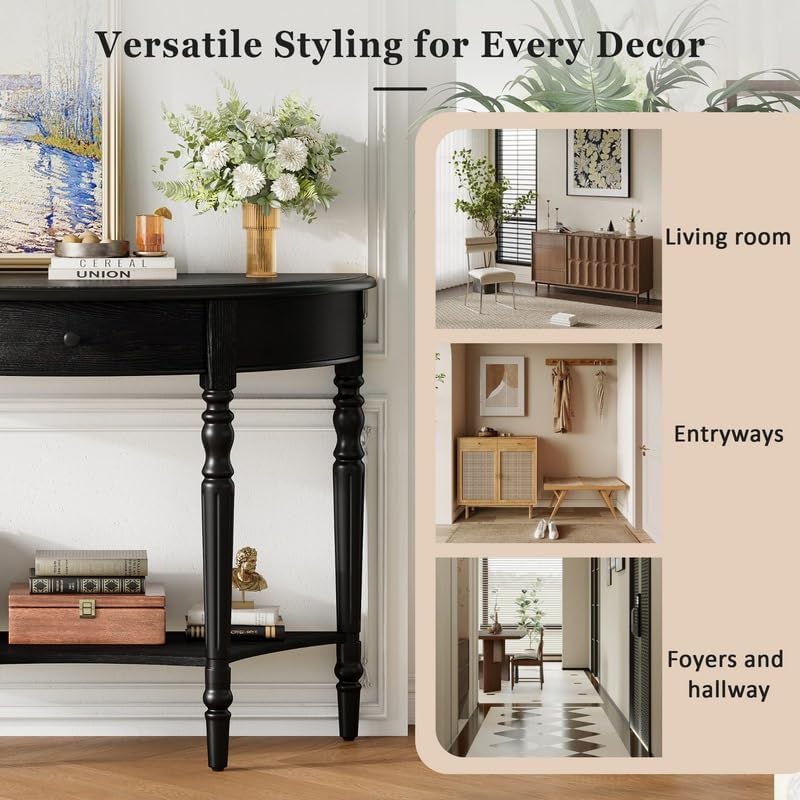 Polibi Half Moon Console Table, Entryway Table with Drawer & Shelf, Adjustable Feet, Rustic Vintage Design, Sofa Table for Entryway, Living Room, Hallway and Foyer, Black