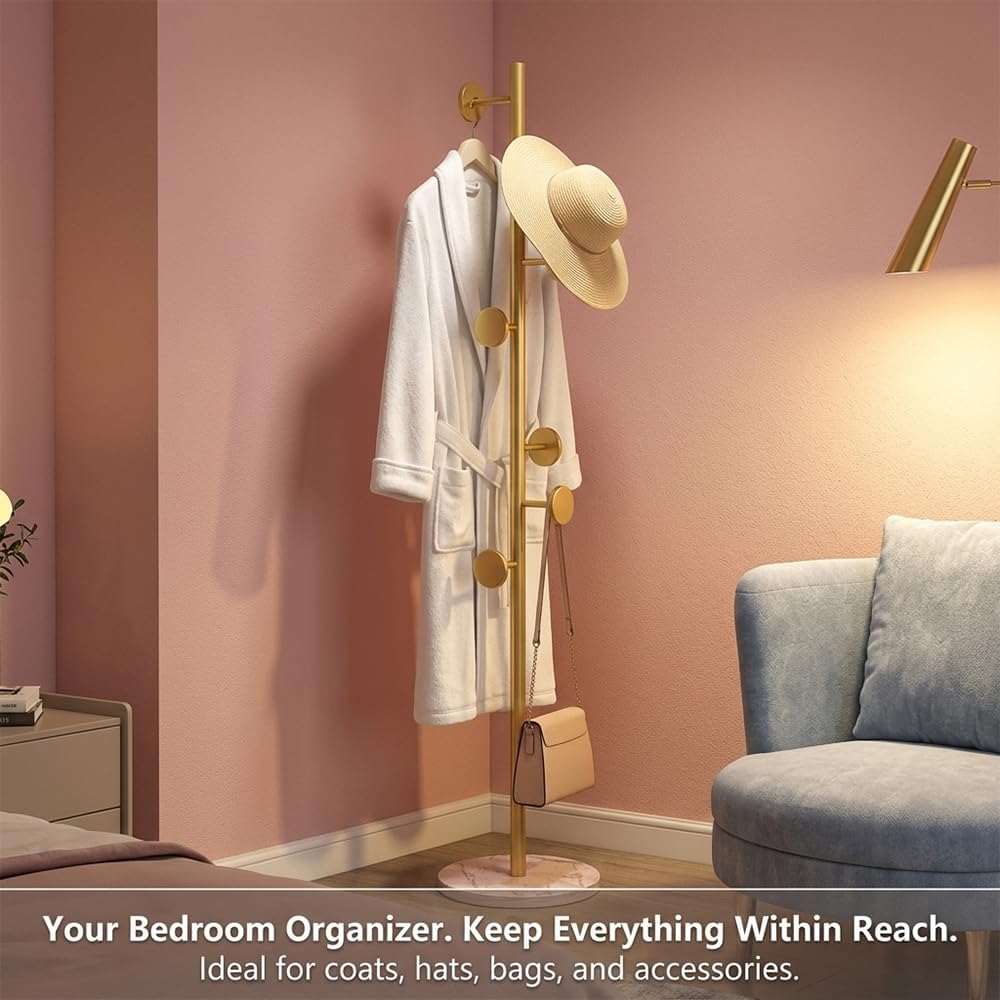 Coat Rack Freestanding Gold Clothes Rack with Marble Base & 7 Staggered Round Hooks, Heavy Duty Stable Coat Hanger Garment Stand for Entryway Bedroom, Hall Tree Racks for Clothing Hats Bags Purses