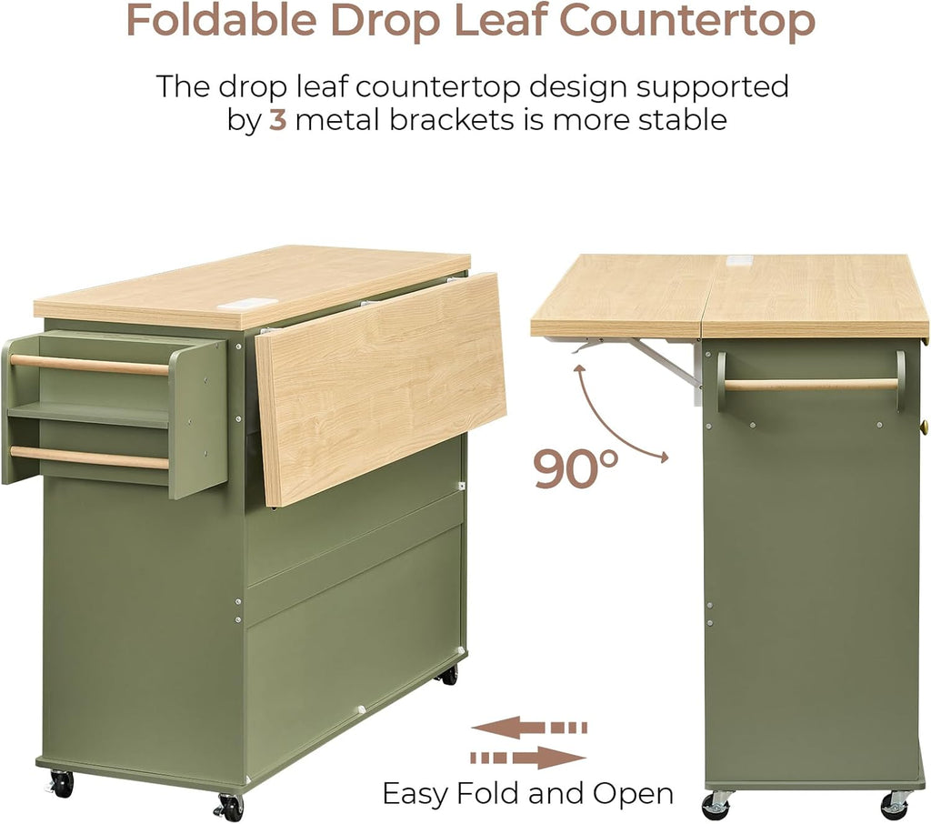 60.2" Kitchen Islands with Storage, Kitchen Island Cart with Trash Can Storage Cabinet, Rolling Kitchen Island Table with Drop Leaf & Power Outlet & Spice Rack & Towel Rack & Knife Holder, Green