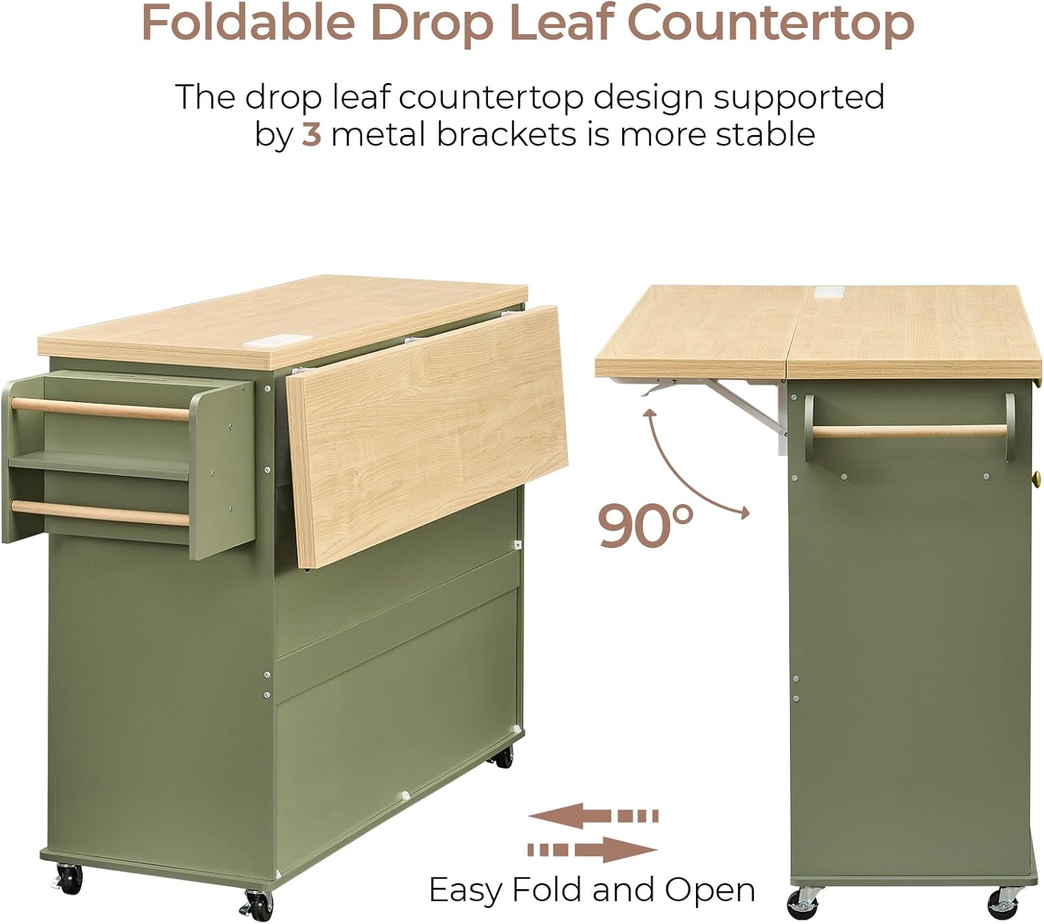 60.2" Kitchen Islands with Storage, Kitchen Island Cart with Trash Can Storage Cabinet, Rolling Kitchen Island Table with Drop Leaf & Power Outlet & Spice Rack & Towel Rack & Knife Holder, Green