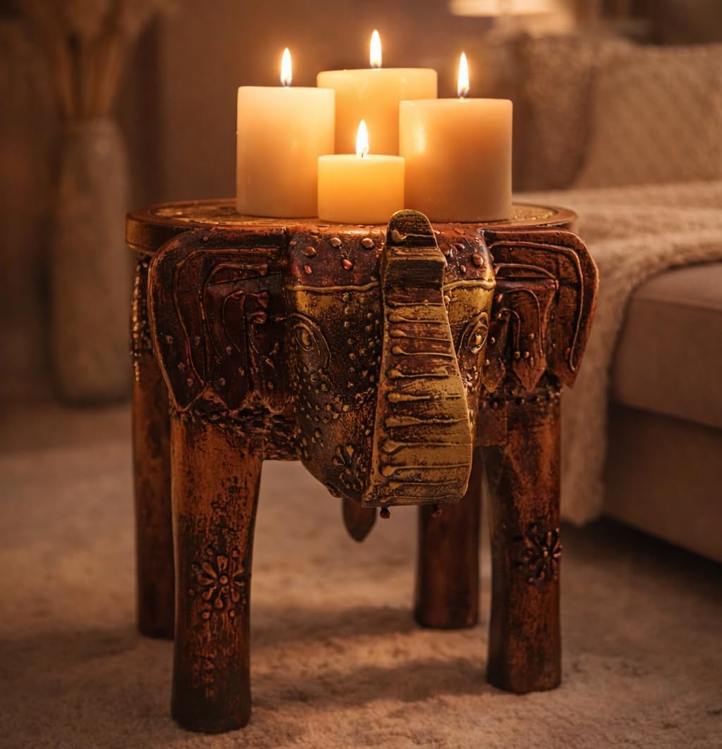 End Table, Handmade Wooden Elephant Side Table, Small Round End Table, Nightstand with Tapered Legs, for Small Spaces, Living Room, Bedroom, Rustic Wooden Stools