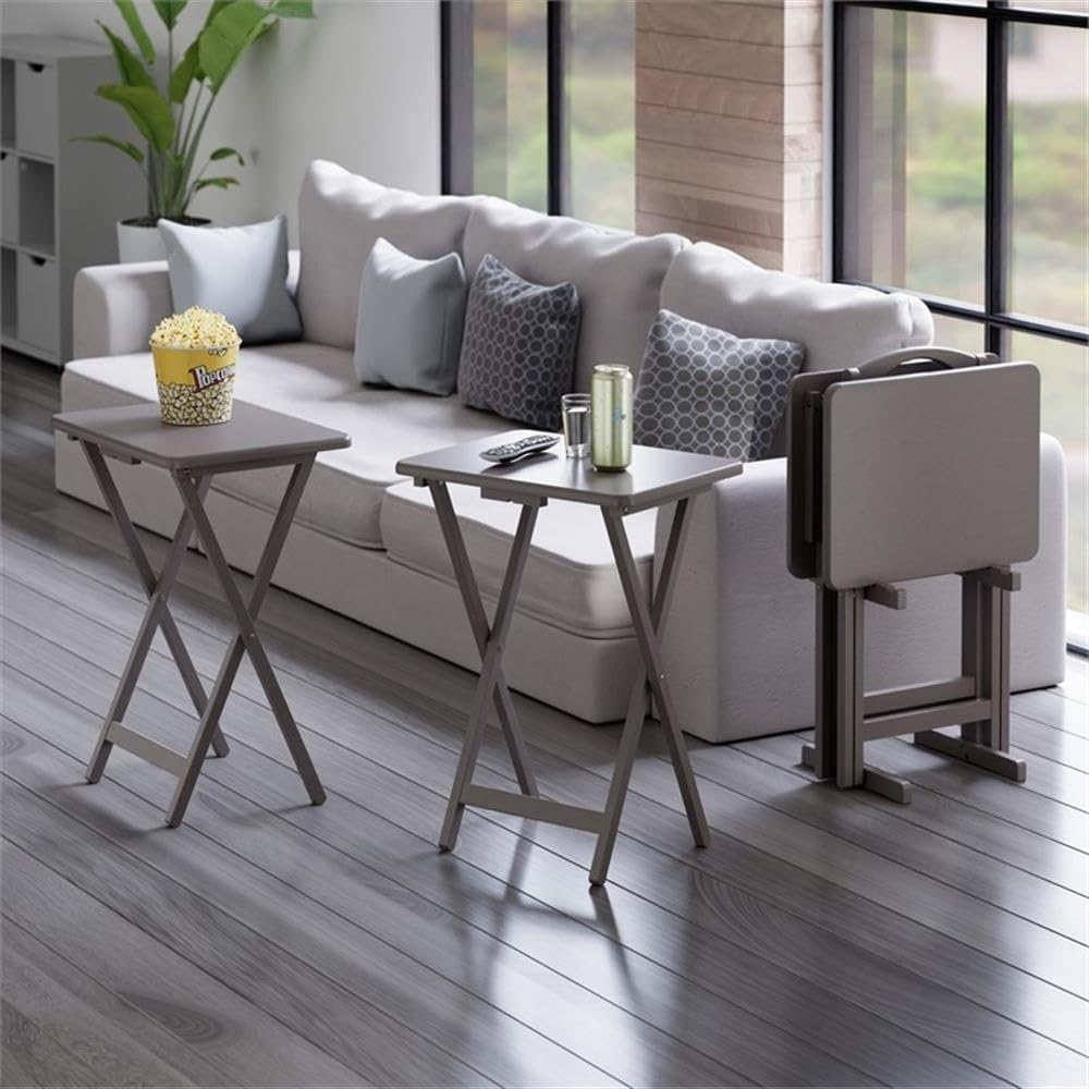 Pemberly Row Solid Wood 5-Pc Snack Table Set, Oyster Gray Finish, Rectangular Folding Tables with Storage Rack, Compact Design, 19.05 x 14.56 x 25.98 in, Durable Living Room or Home Use