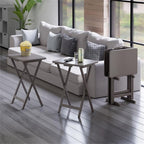 Pemberly Row Solid Wood 5-Pc Snack Table Set, Oyster Gray Finish, Rectangular Folding Tables with Storage Rack, Compact Design, 19.05 x 14.56 x 25.98 in, Durable Living Room or Home Use