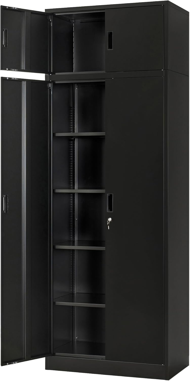 Wanfu Metal Storage Cabinet, 87" H x 32" W x 16" D Locking Storage Cabinets with 4 Adjustable Shelves and Top Cabinet for Office, Garage, Home-Black