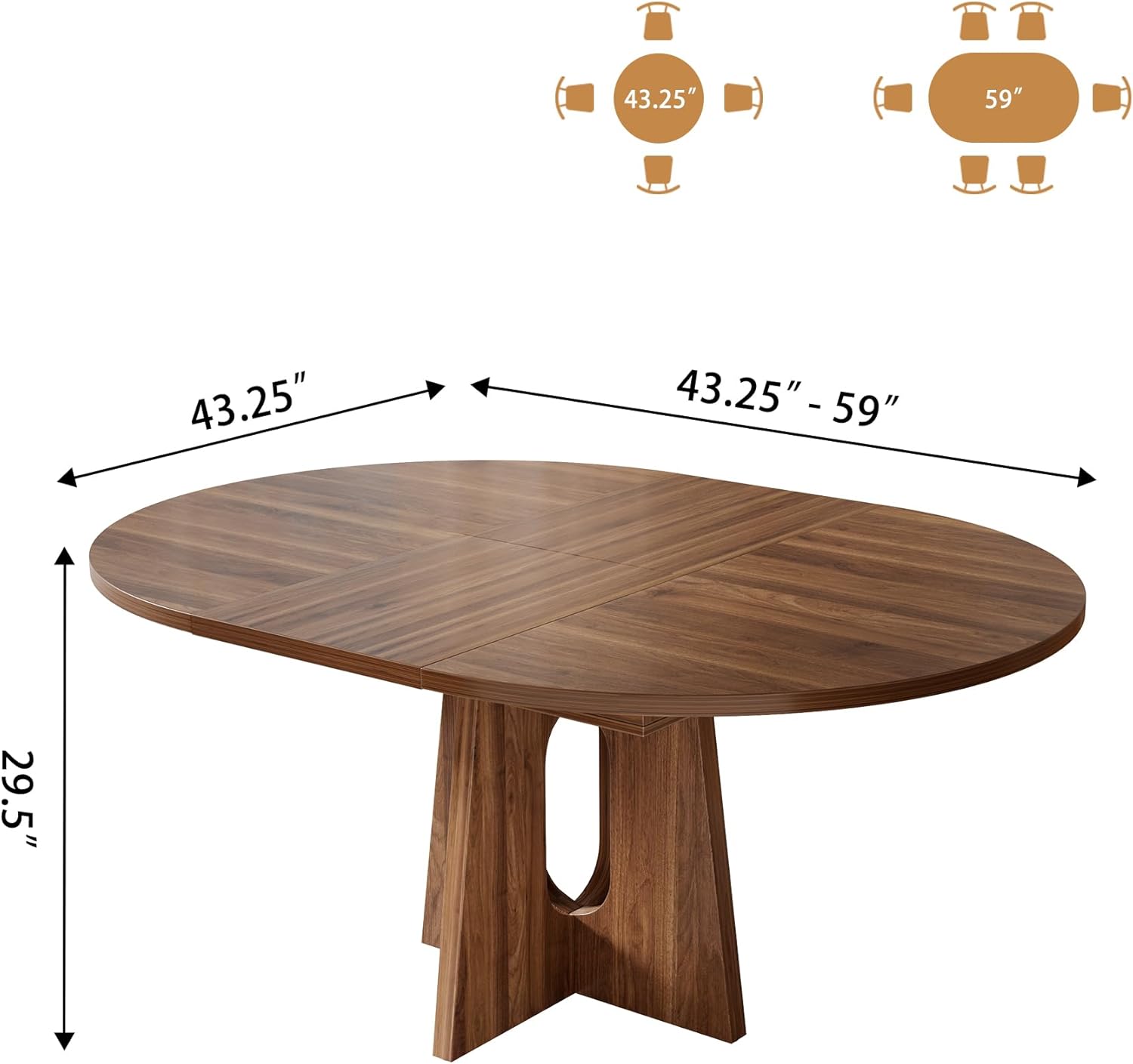 Epecoya 59-Inch Extendable Round to Oval Pedestal Dining Table, Farmhouse Wood Kitchen Table for 4-6 People, Space-Saving Expandable Dinner Table with Heavy Cross Base, Dark Brown Walnut