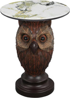 Owl Side Table, Round End Table with Faux Marble Top, Resin Owl Statue Base, Unique Animal Accent Table for Living Room, Bedroom, Nursery, Rustic Brown 22.83“ Tall 17.17" Height