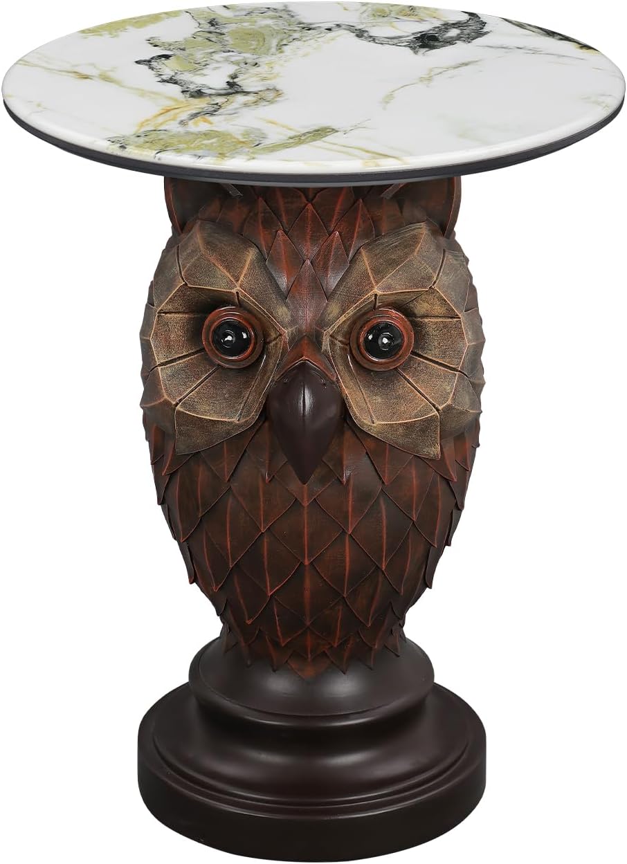 Owl Side Table, Round End Table with Faux Marble Top, Resin Owl Statue Base, Unique Animal Accent Table for Living Room, Bedroom, Nursery, Rustic Brown 22.83“ Tall 17.17" Height