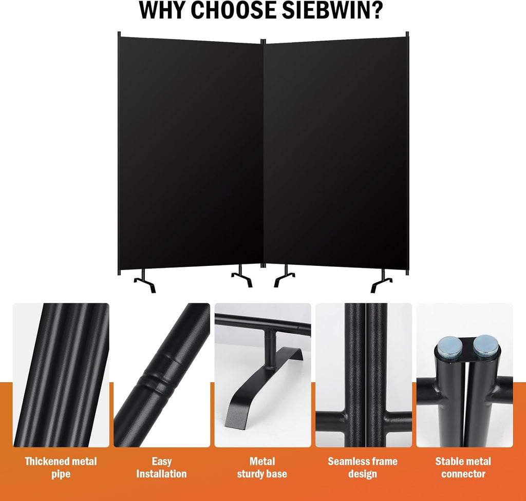 Room Divider Panel, Siebwin 2 Panel Folding Privacy Screens with Wider Feet, 8 Ft Portable Room Partition for Room Separator, Room Divider Screen Partition Room Dividers Freestanding