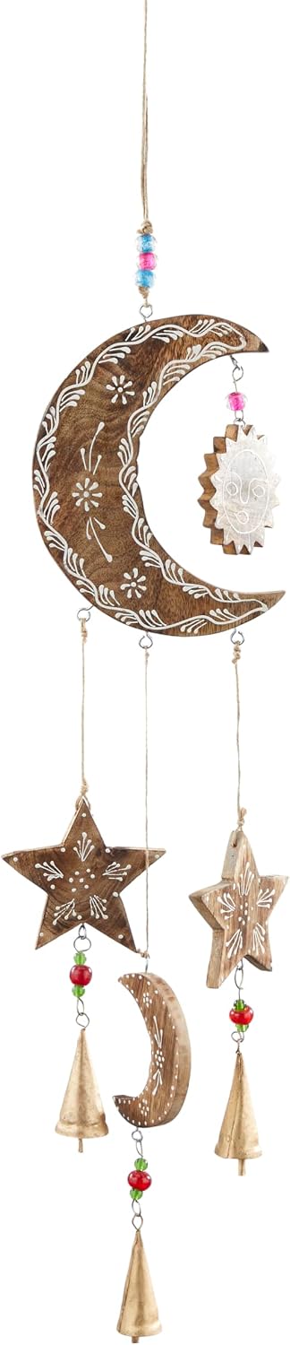 Deco 79 Mango Wood Sun and Moon Windchime with Glass Beads and Cone Bells, 7" x 1" x 27", Gold