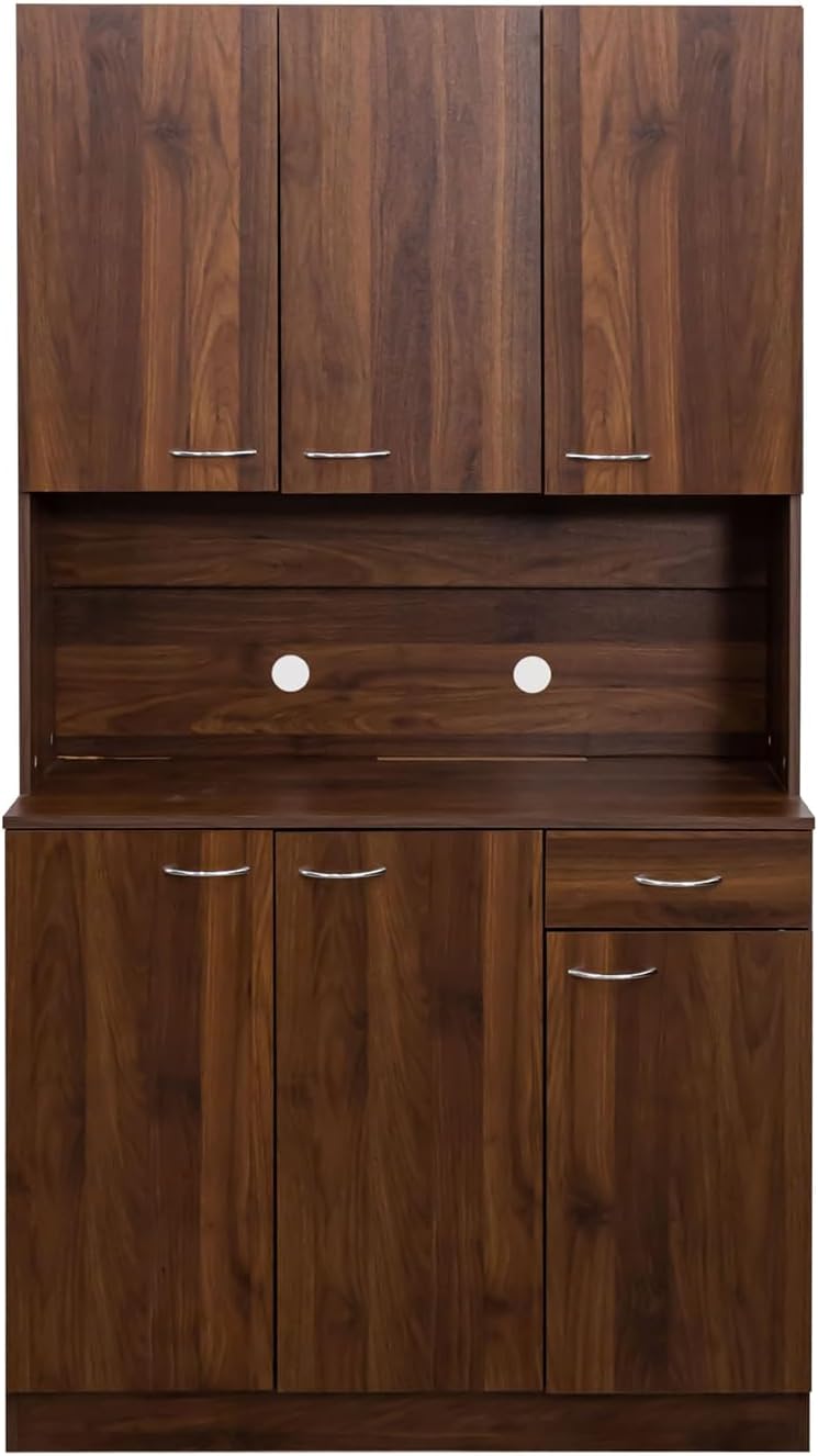 JOYSOURCE 71'' Large Kitchen Pantry Storage Cabinet with Hutch Tall Brown Freestanding Kitchen Cabinet Pantry Cupboard with 6 Doors 1 Drawer & Countertop for Food Farmhouse Walnut Finish