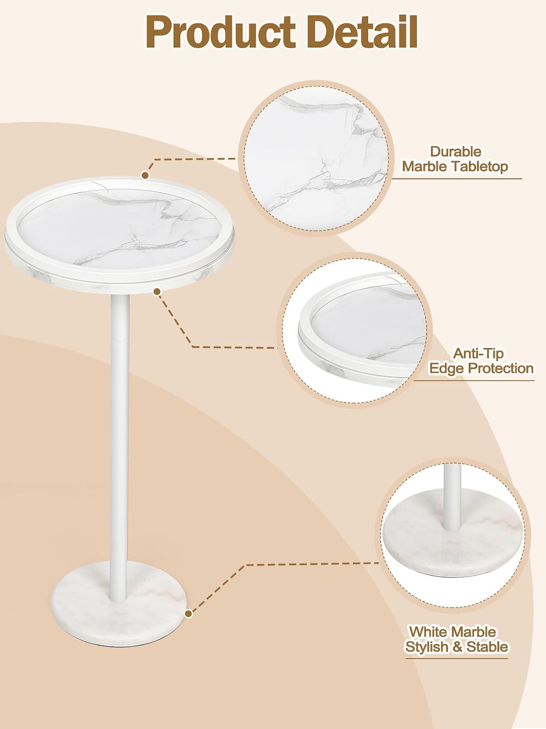 Shinoske Drink Table Set of 2,Small Round Side Table with White Marble Base,Modern Martini Pedestal Side Table for Small Spaces,Living Room,Bedroom,Balcony