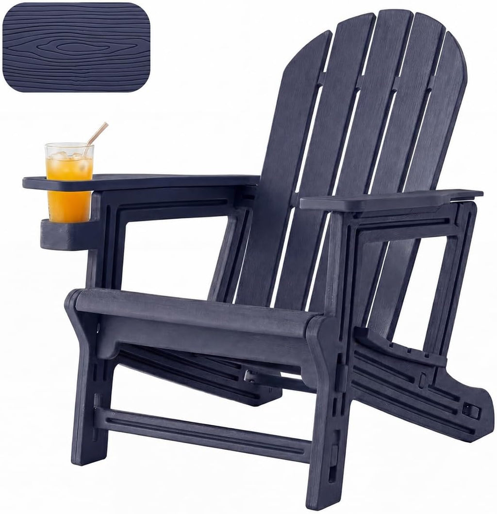 HOMPUS Outdoor Adirondack Chair, Patio HDPE Chair with Cup Holder, Solid Garden Chair Weather Resistant, Fire Pit Chair, Plastic Patio Chair for Deck,Garden, Wood Textured-Blue