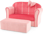 HONEY JOY Pink Toddler Couch, Comfy Chair w/Ottoman, Cute Bow, Lightweight Playroom Furniture w/Velvet Cover & Wooden Frame, Princess Style Loveseat for Bedroom, Kids Sofa for Girls Boys