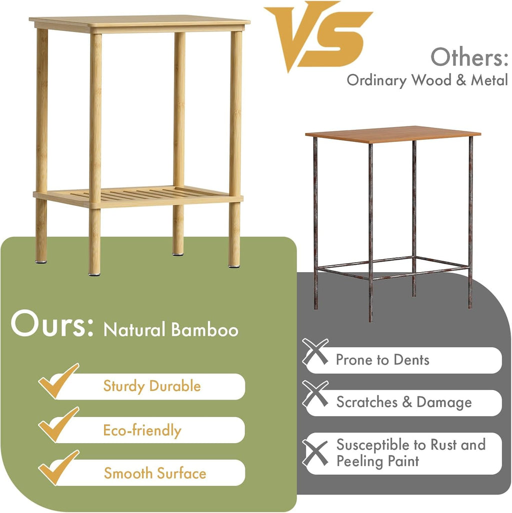 2 Tier Bamboo End Table, Narrow Side Table with Adjustable Feet, Waterproof Small Bedside Table, Nightstand, Entryway Table for Living Room Bedroom Bathroom, No Tool Assembly, 66LBS Capacity