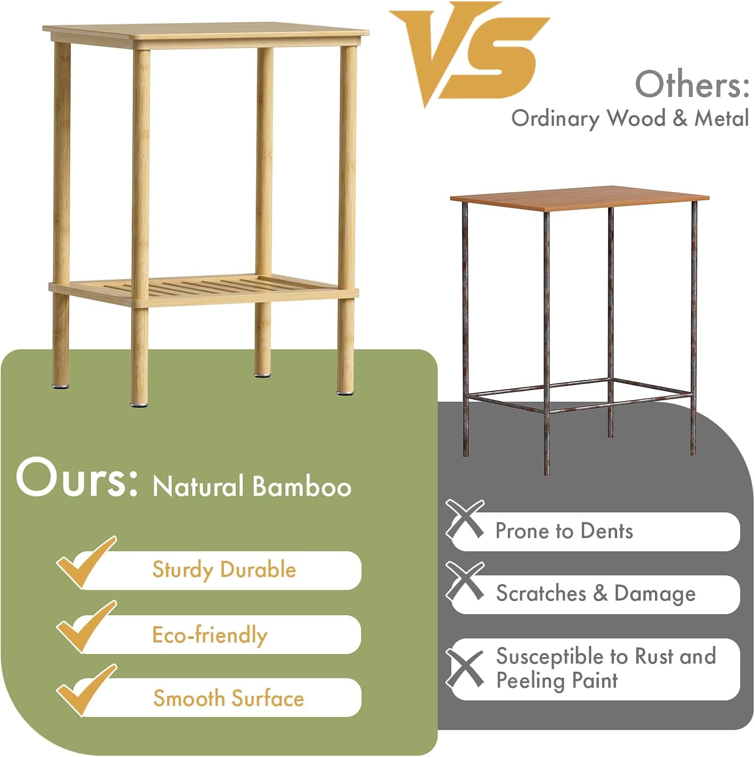 2 Tier Bamboo End Table, Narrow Side Table with Adjustable Feet, Waterproof Small Bedside Table, Nightstand, Entryway Table for Living Room Bedroom Bathroom, No Tool Assembly, 66LBS Capacity