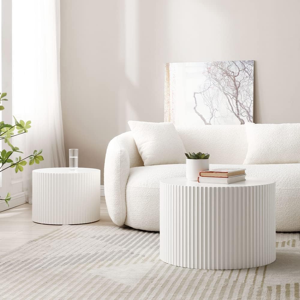 White Round Coffee Table Nesting Coffee Table Set of 2 Contemporary Circle Coffee Table Fluted Side Tables End Table for Living Room Office