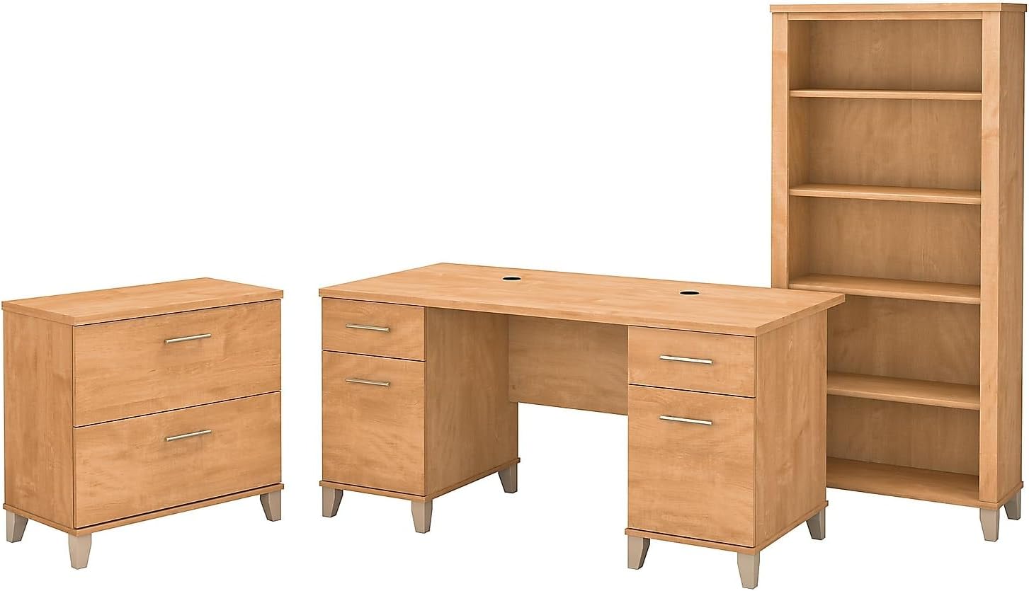 Bush Furniture Somerset 60W Office Desk with Lateral File Cabinet and 5 Shelf Bookcase in Maple Cross