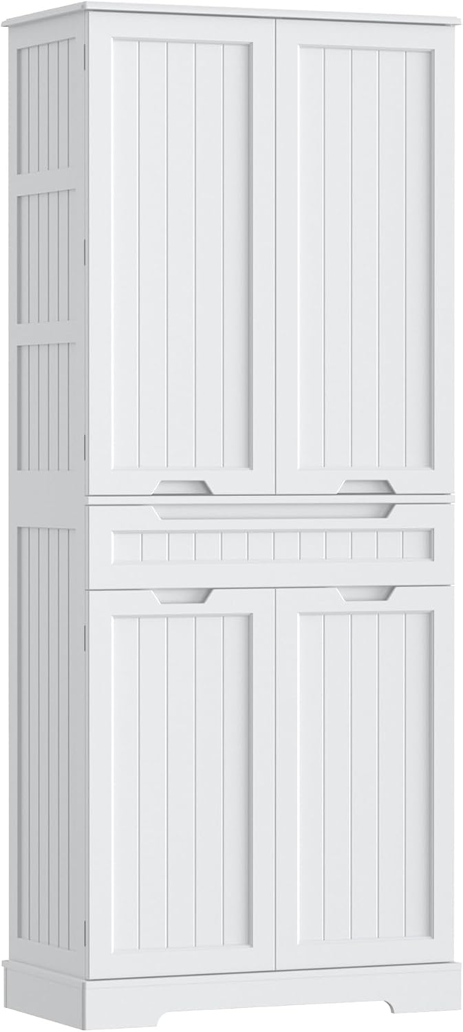 Gizoon 71" Tall Kitchen Pantry Cabinet with Doors and Adjustable Shelves, Pantry Storage Cabinet with Drawer Freestanding Organizer for Small Kitchen Bathroom Laundry Room, Painted White