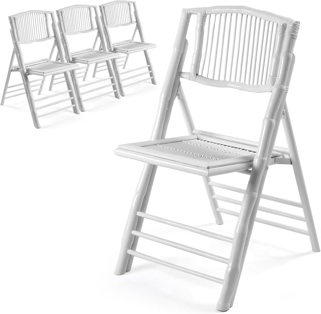 VINGLI Bamboo Folding Chair, Foldable Dining Wood Chairs Comfortable Seat for Outdoor & Indoor, Patio, Porch, Wedding, Party, Event,White (4 Pack)