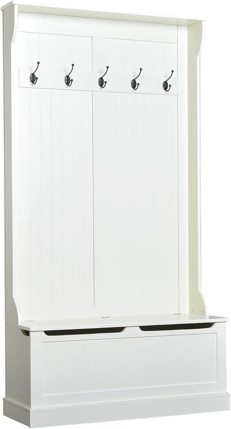 HOMCOM Hall Tree with Bench and Shoe Storage 3-in-1 Coat Rack Cream White | Slim Bench with Coat Rack, 4 Hooks, Flip Top Storage Compartment