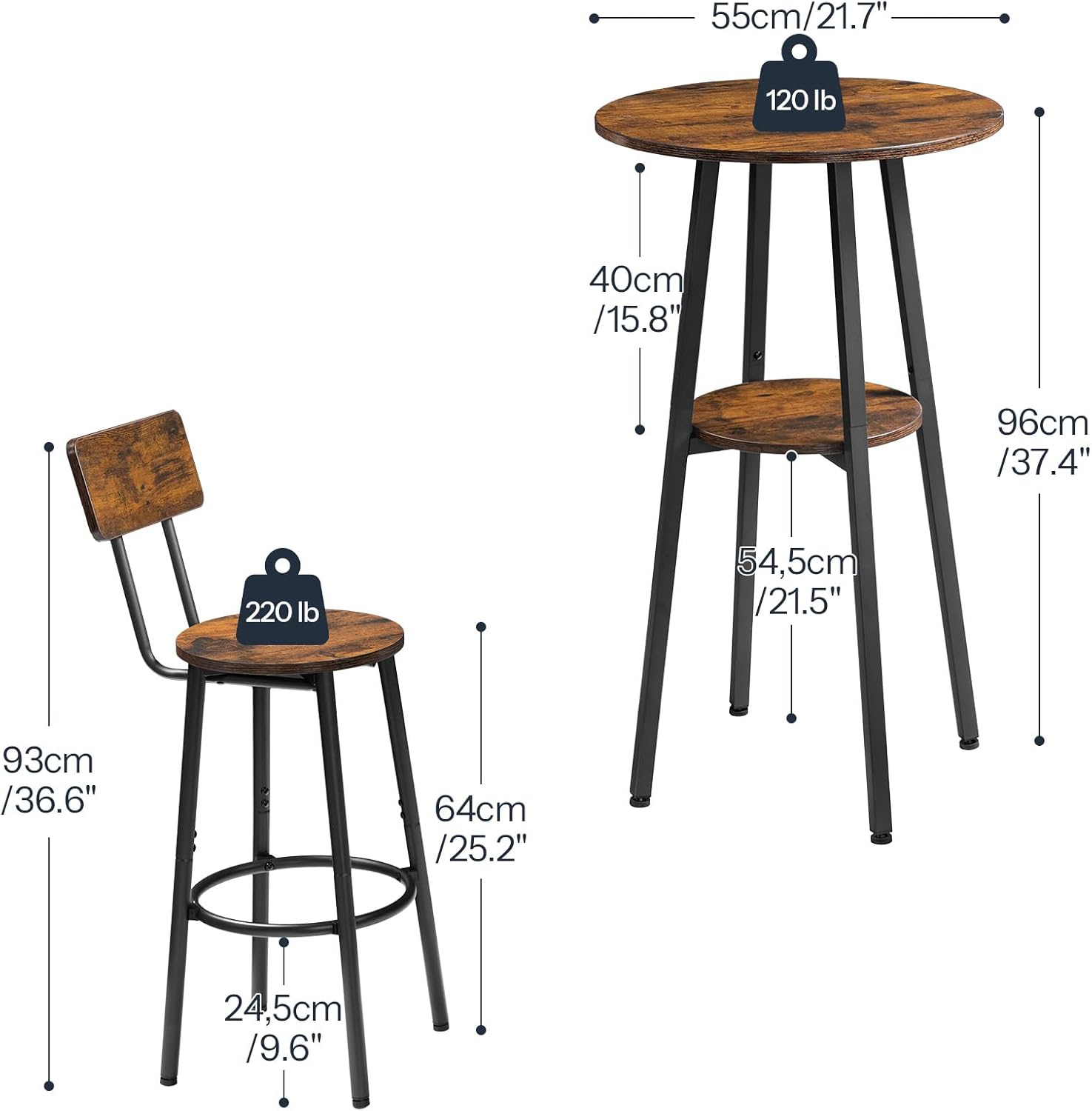 HOOBRO 3 Pieces Round Bar Height Table and Chairs Set, Round Dining Table Set, Pub Table and Chairs for Small Space, 2 Tier Kitchen Table and Bar Stools with Back, Rustic Brown BF35BT01