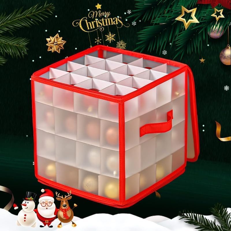 Christmas Ornament Storage Box,4 Tier Christmas Storage Box with Lid,64 Ornament Box With Durable Zippers and Dividers,Non-Woven & Tear-Proof Christmas Ornament Storage Containers,for 3"Seasons Balls