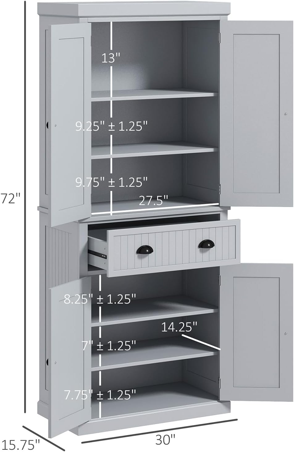 Pantry Storage Cabinet, 72" Traditional Freestanding Cabinet with 4 Doors and 3 Adjustable Shelves, Kitchen Large Central Drawer
