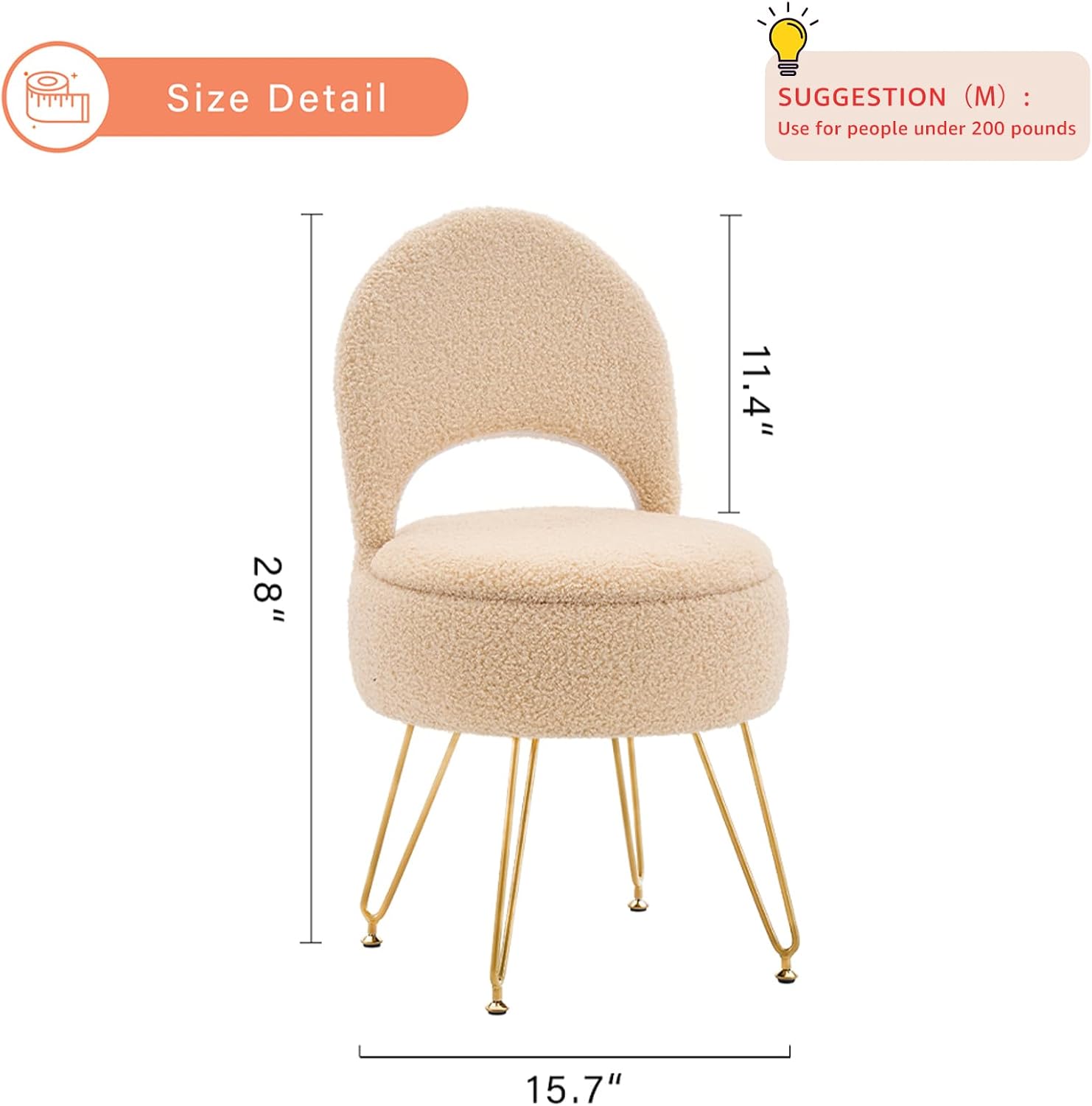 Vanity Stool Chair with Storage and Folding Back, Round Ottoman, Multifunctional Upholstered Makeup Chair, 4 Metal Legs with Anti-Slip Feet for Bedroom Living Room Entryway