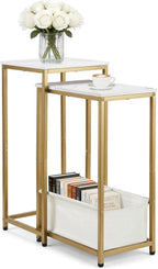 Nesting End Tables Set of 2, Stacking Side Table with Fabric Storage Basket, Small Nightstand for Small Space, Living Room, Bedroom, White Marble & Gold