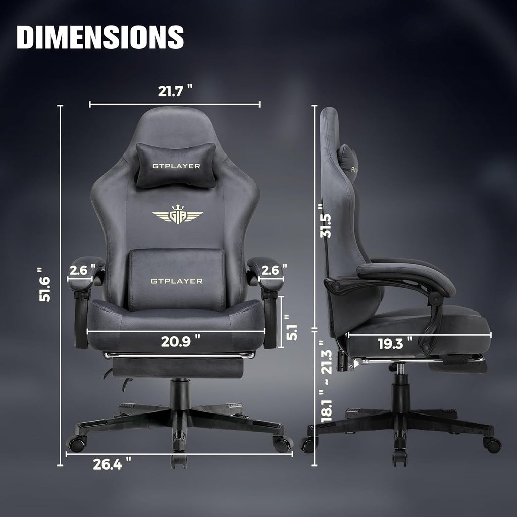 GTPLAYER Big and Tall Gaming Chair 400lbs Heavy Duty Office Chair with Foot Rest, High Back Pocket Spring Ergonomic Computer Chair for Adults, Wide Comfy Seated Cushion with Linkage Armrests, Grey