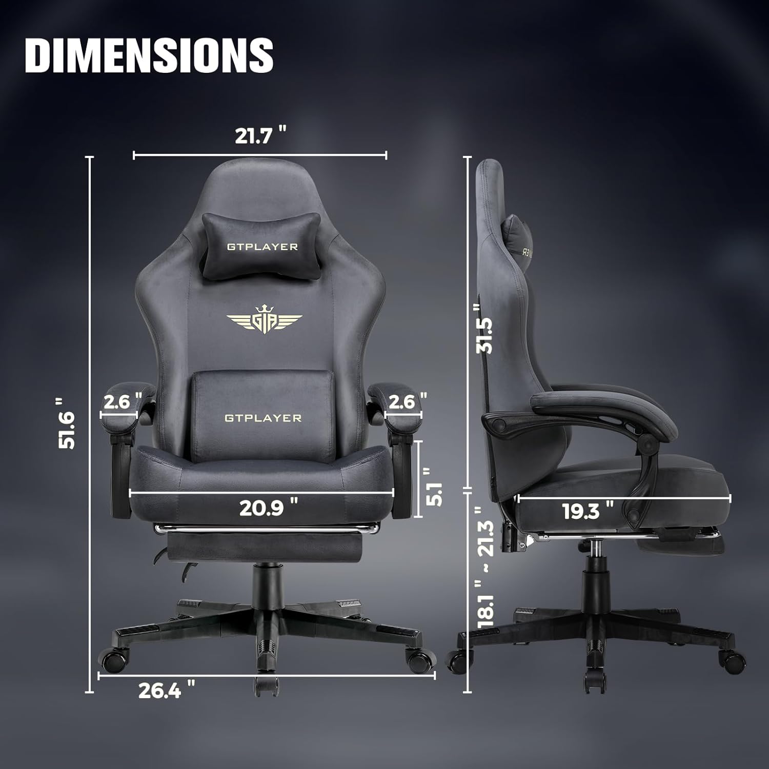 GTPLAYER Big and Tall Gaming Chair 400lbs Heavy Duty Office Chair with Foot Rest, High Back Pocket Spring Ergonomic Computer Chair for Adults, Wide Comfy Seated Cushion with Linkage Armrests, Grey