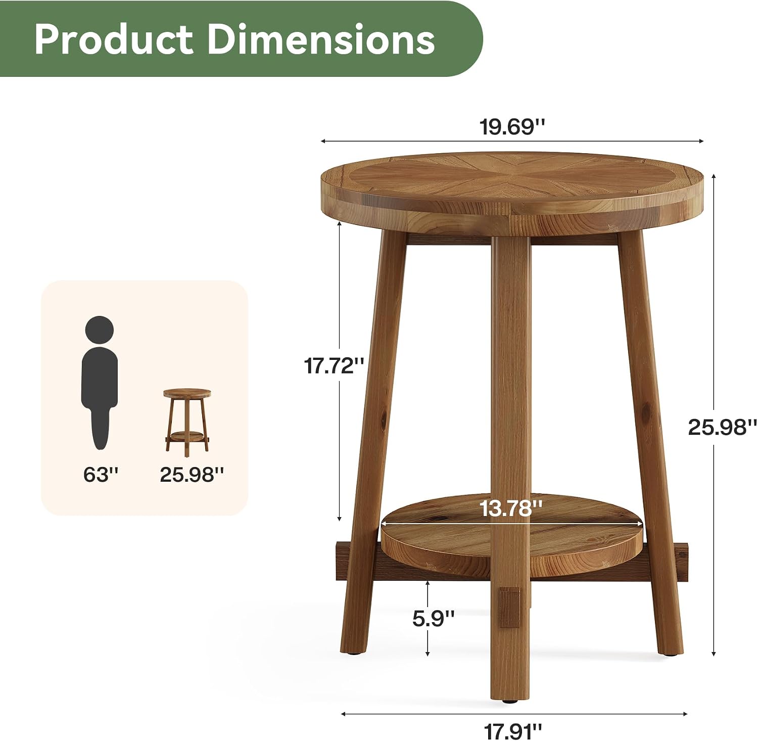 Solid Wood Side Table for Living Room, Small Round End Table with 2-Tier Storage, Farmhouse Wooden Circle Bedside Nightstand for Small Spaces, Bedroom, Brown