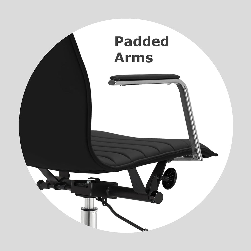 2xhome Modern Office Chairs | Upholstered PU Leather Ribbed Mid Back with Metal Frame | Adjustable Height, Tilt Lock | Computer Desk Chair, Meetings Parent (2, Grand Black, Armchair)