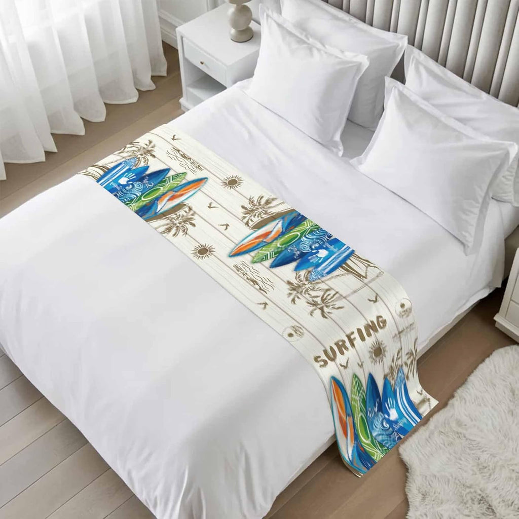 Summer Surfing Bed Runner for King Size Bed, 102"x20" Surfboard Beach Palm Trees Wood Grain Retro Luxury Bed Runners & Scarves Decorative Bedding Scarf Protector Slipcover for Home Hotel