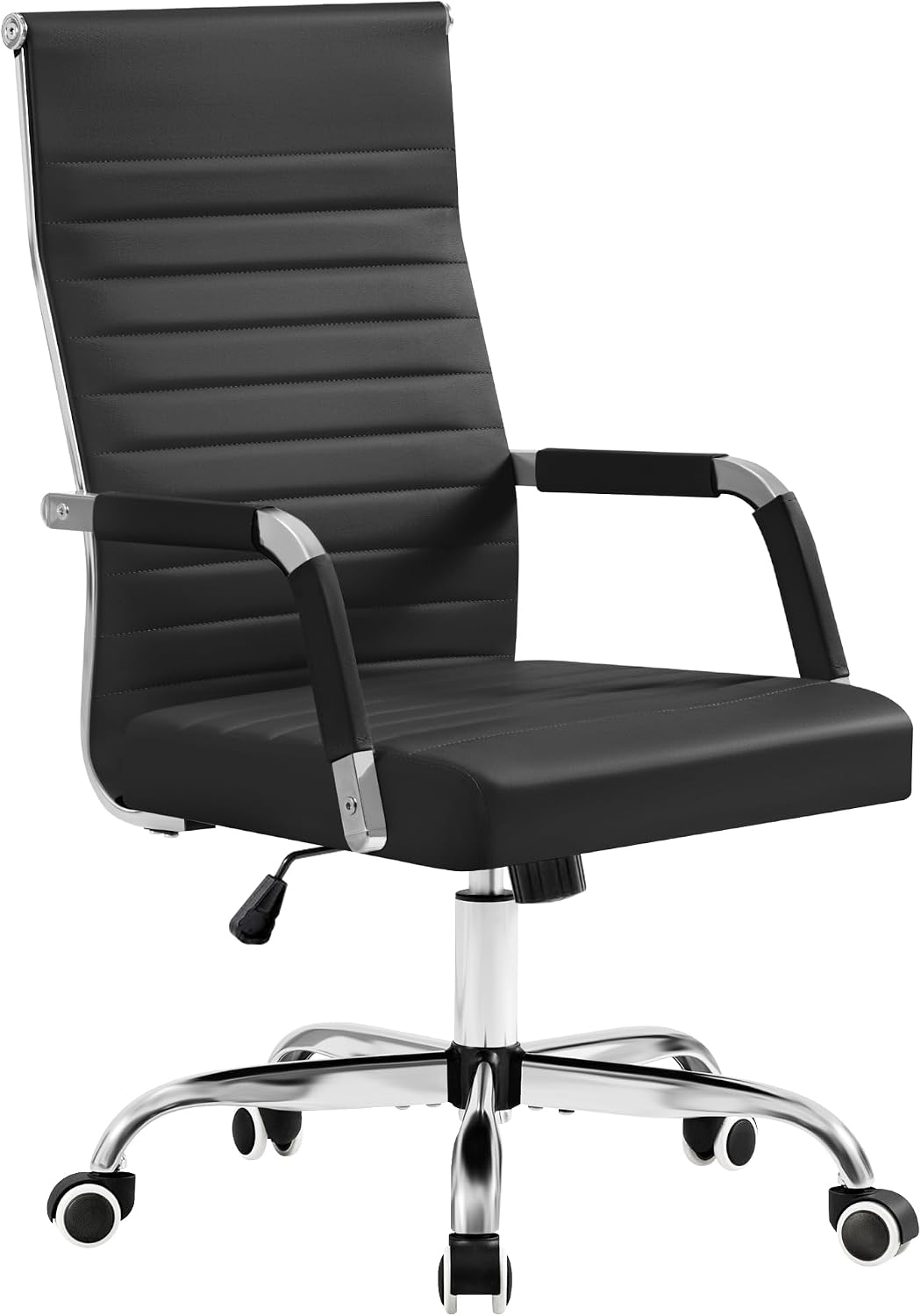 Furmax Ergonomic Office Desk Chair, Executive Ribbed Mid-Back PU Leather Conference Room Chair Adjustable Swivel Chair with Arms (1, Black)
