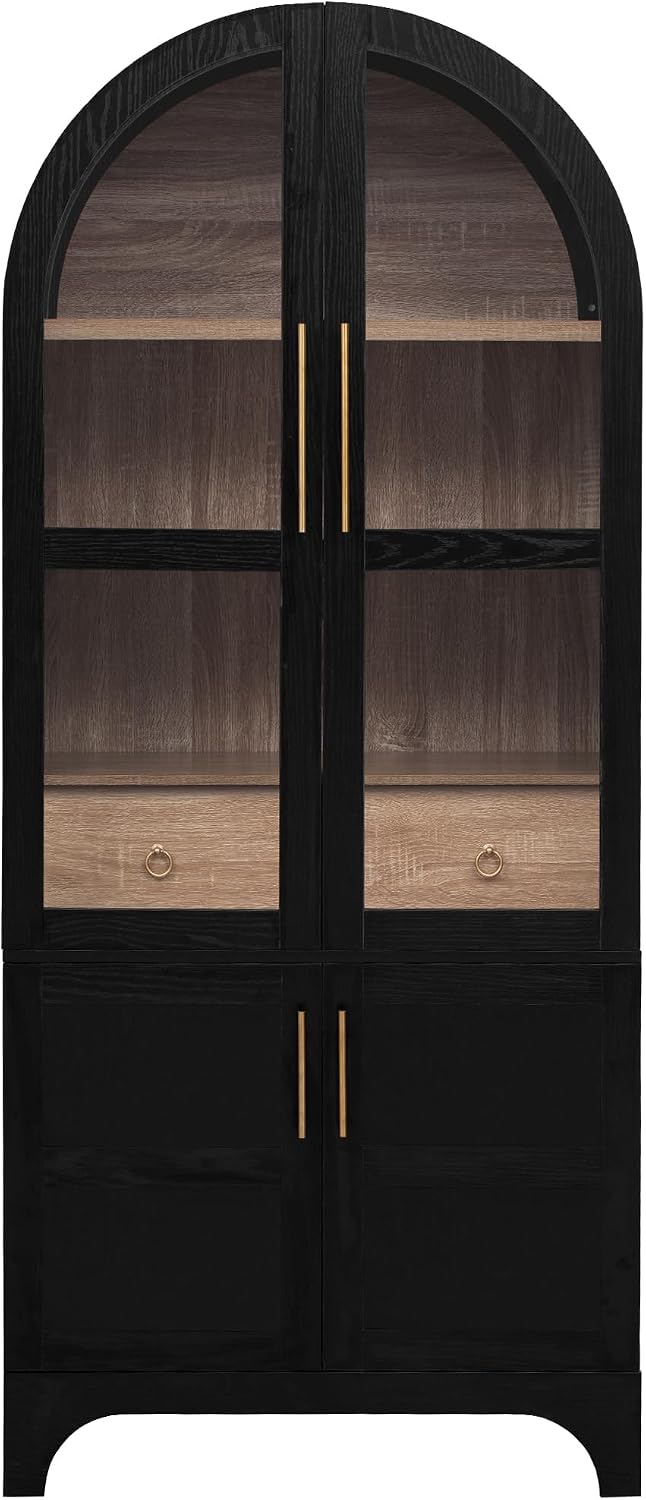 Modern 71" Tall Arched Kitchen Pantry with Door Shelves,Storage Cabinets with Open & Adjustable Shelves,Hidden Drawer & Glass Door,for Kitchens Dining Room (Black#Glass)
