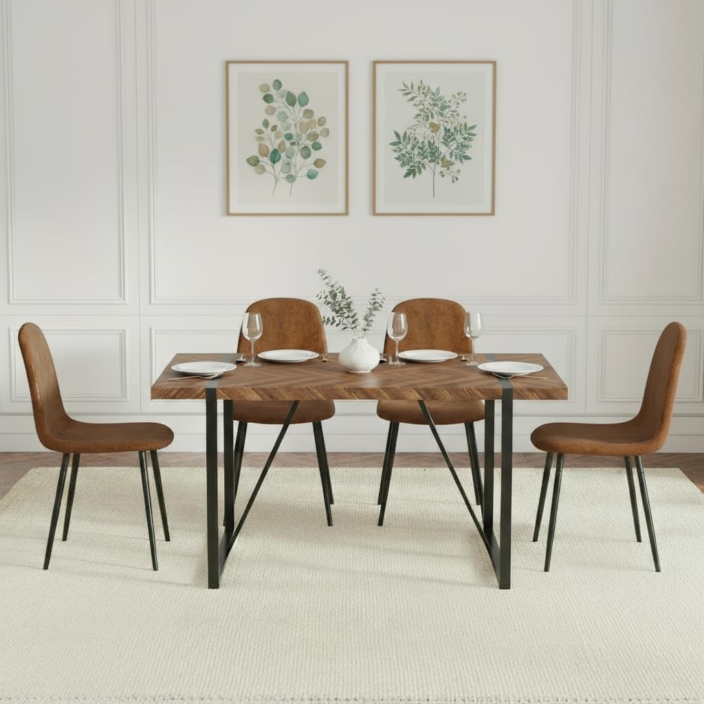 FURNITO 55" Dining Room Table Set for 4, Mid Century Modern Dining Table Set with Upholstered Chairs, Rustic Dark Wood Kitchen Table and Chairs Set for Living Room, Space-Saving & Easy Assembly