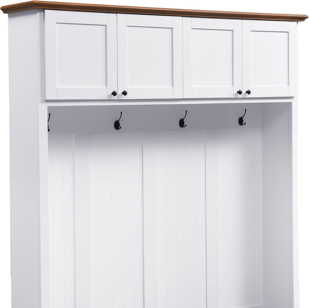 LUMISOL 59''W Hall Tree with Bench and Shoe Storage, Mudroom Bench with 4 Hooks, Open Compartments, 4 Storage Cabinets, Entryway Organizer for Entrance, Hallway, White