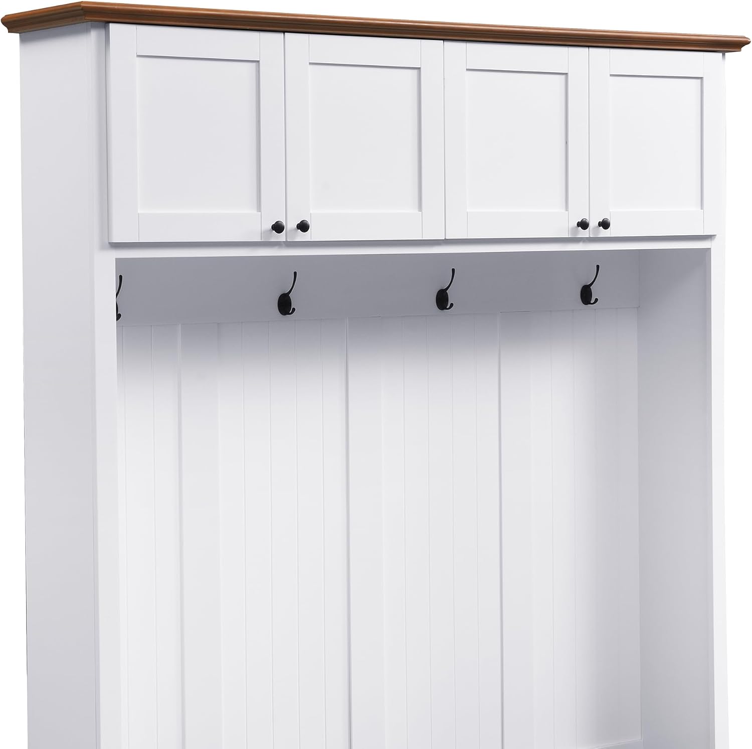 LUMISOL 59''W Hall Tree with Bench and Shoe Storage, Mudroom Bench with 4 Hooks, Open Compartments, 4 Storage Cabinets, Entryway Organizer for Entrance, Hallway, White