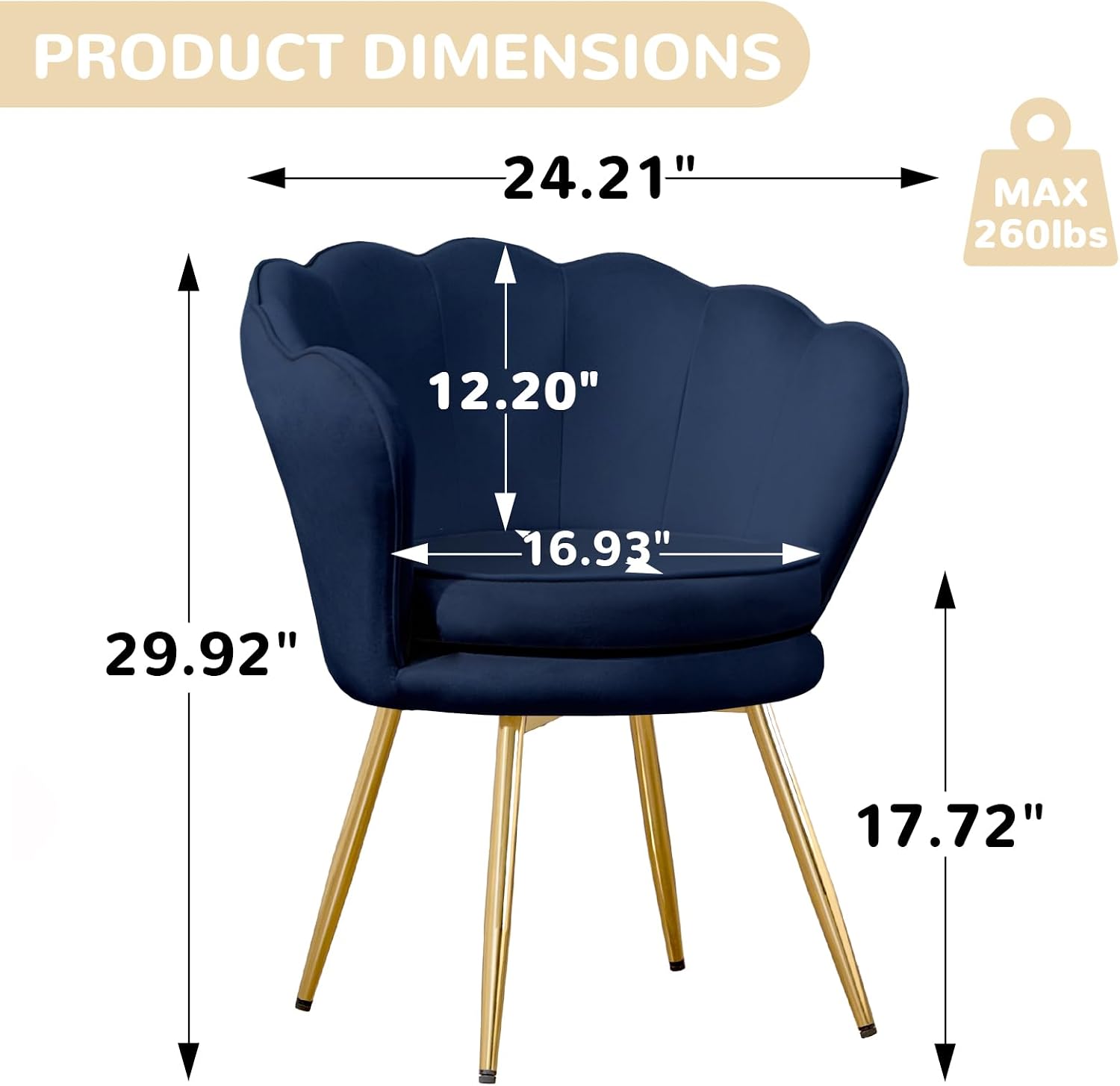 Czlolo Accent Chairs Set of 2, Velvet Vanity Chair with Back, Mid-Century Modern Small Accent Chair for Living Room, Golden Metal Legs Upholstered Makeup Chair, Bedroom Armchair, Dark Blue