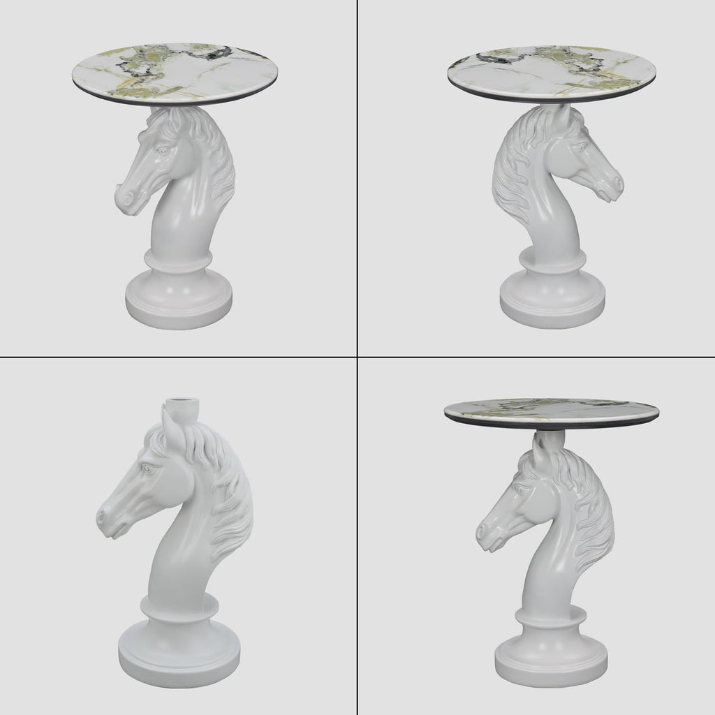 Horse Head Accent Side Table, Unique Resin Animal Statue End Tables with Faux Marble Top, Modern Classical Decoration for Home, Living Room Bedroom and Entryway (White Horse Head)