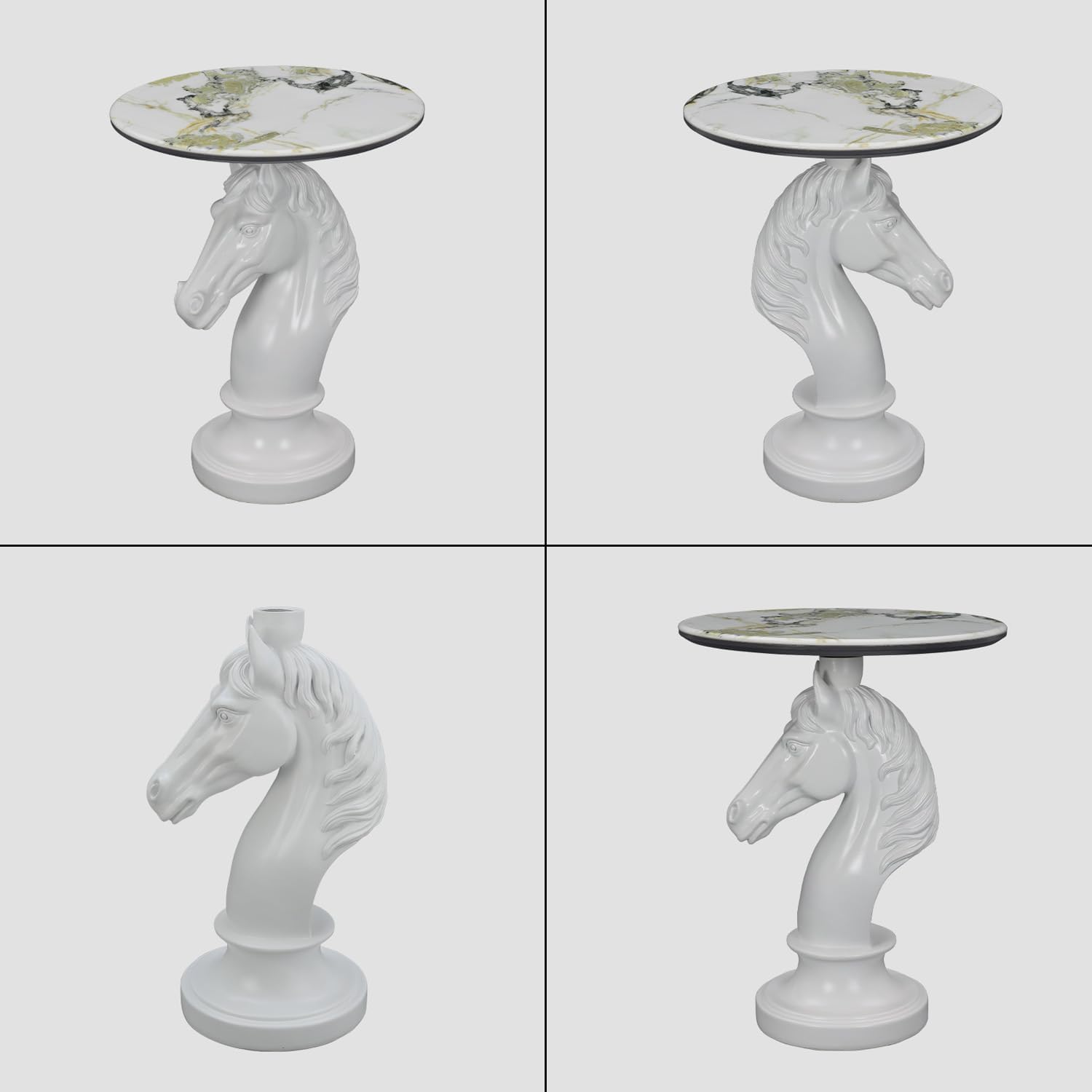 Horse Head Accent Side Table, Unique Resin Animal Statue End Tables with Faux Marble Top, Modern Classical Decoration for Home, Living Room Bedroom and Entryway (White Horse Head)
