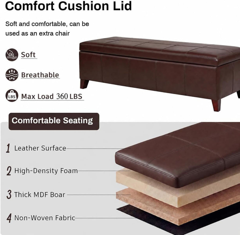 51 Inch Storage Ottoman Bench, Faux Leather Foot Rest with Hinged Lid, Long Rectangle Bed Bench for Living Room, Bedroom, Entryway, Coffee Brown