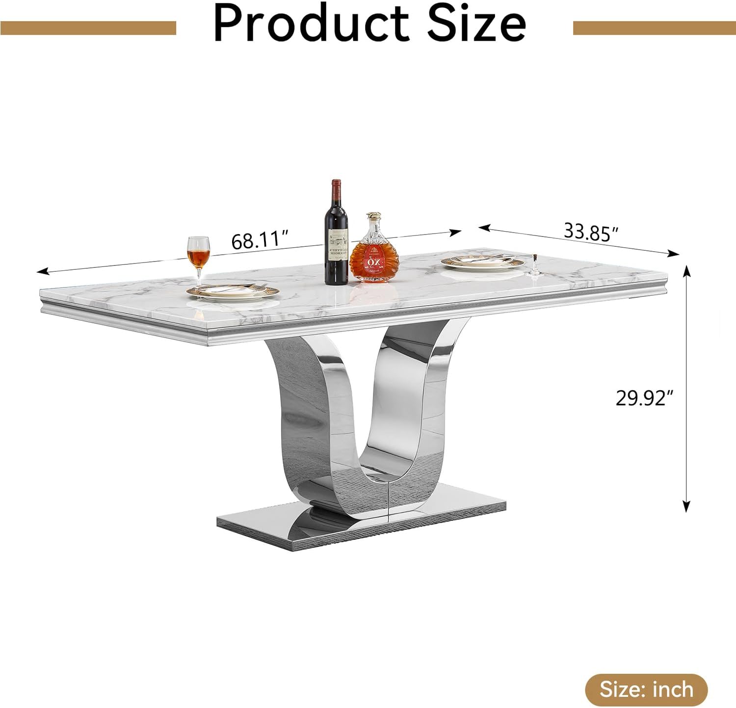 SSLine Modern White Marble Dining Table for 6-8 Rectangle 68" Faux Marble Kitchen Table for 6 Luxury Dining Room Tables with Silver Mirrored Stainless Steel U-Shape Pedestal Base for Home Office