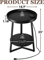 Gadroad Round End Table with Charging Station, Wood Tabletop & Black Metal Frame, 2 Tier Farmhouse Side Table Nightstand for Living Room, Bedroom, Black 15.7 * 15.7 * 23.0inches